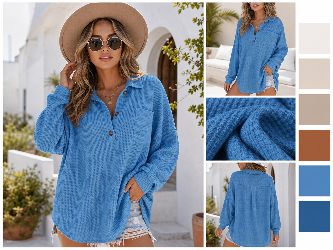 🧶 Oversized Waffle Henley Shirt ✨