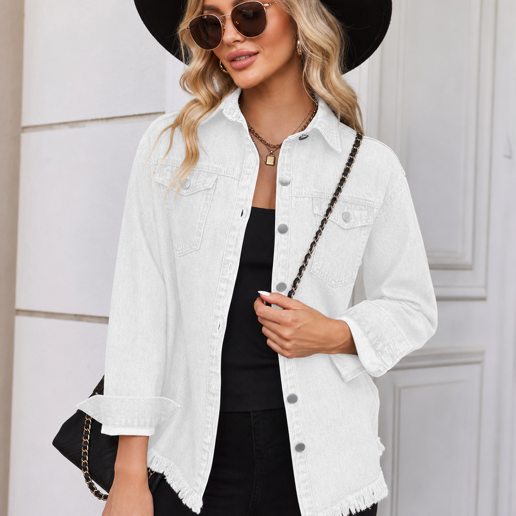 🌸🌸 Oversized Ripped Tassel Denim Jacket, Long Sleeve Pockets