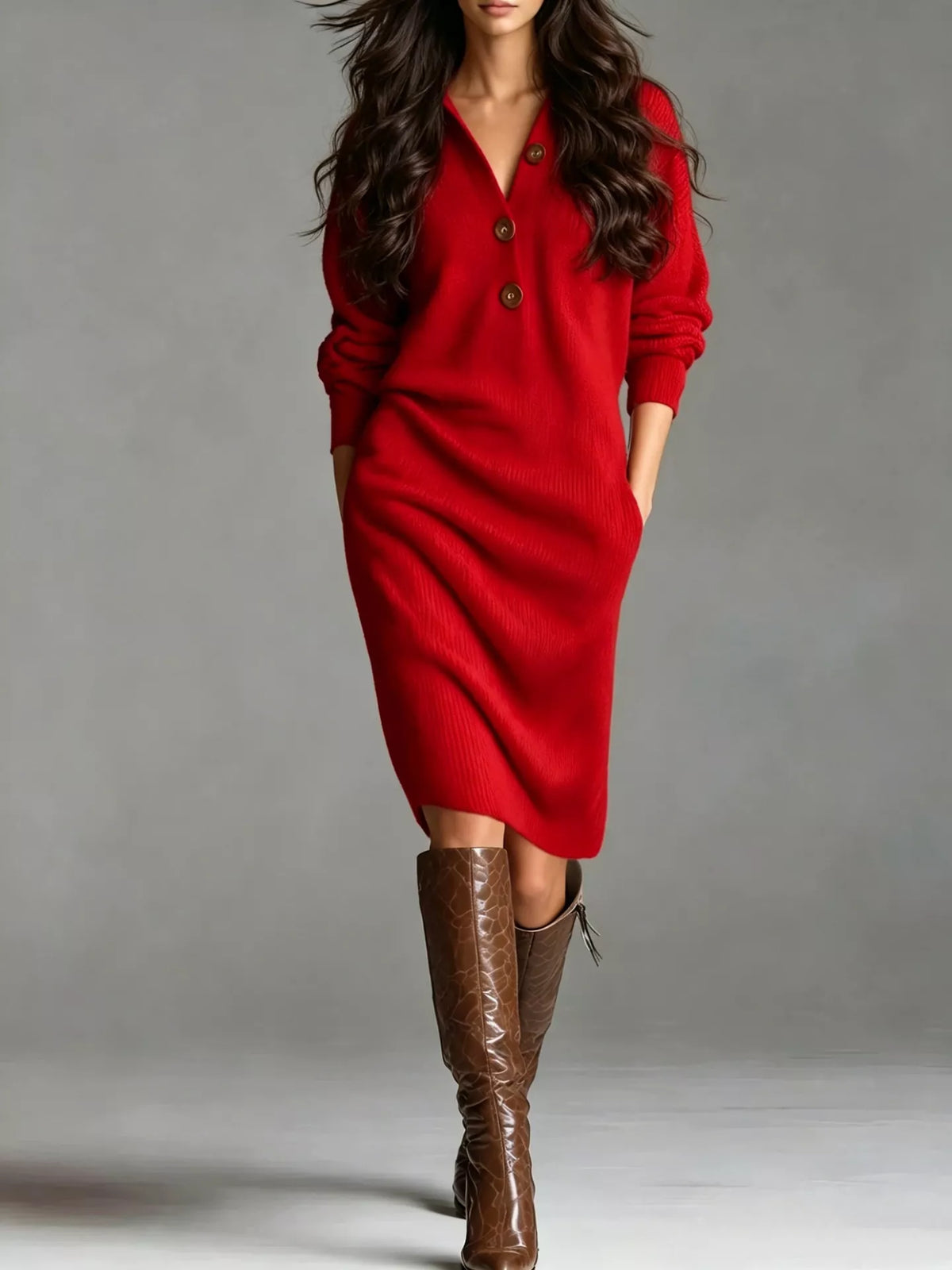 🌷Cotton-wool blend V-Neck Half-Button Ribbed Knit Dress