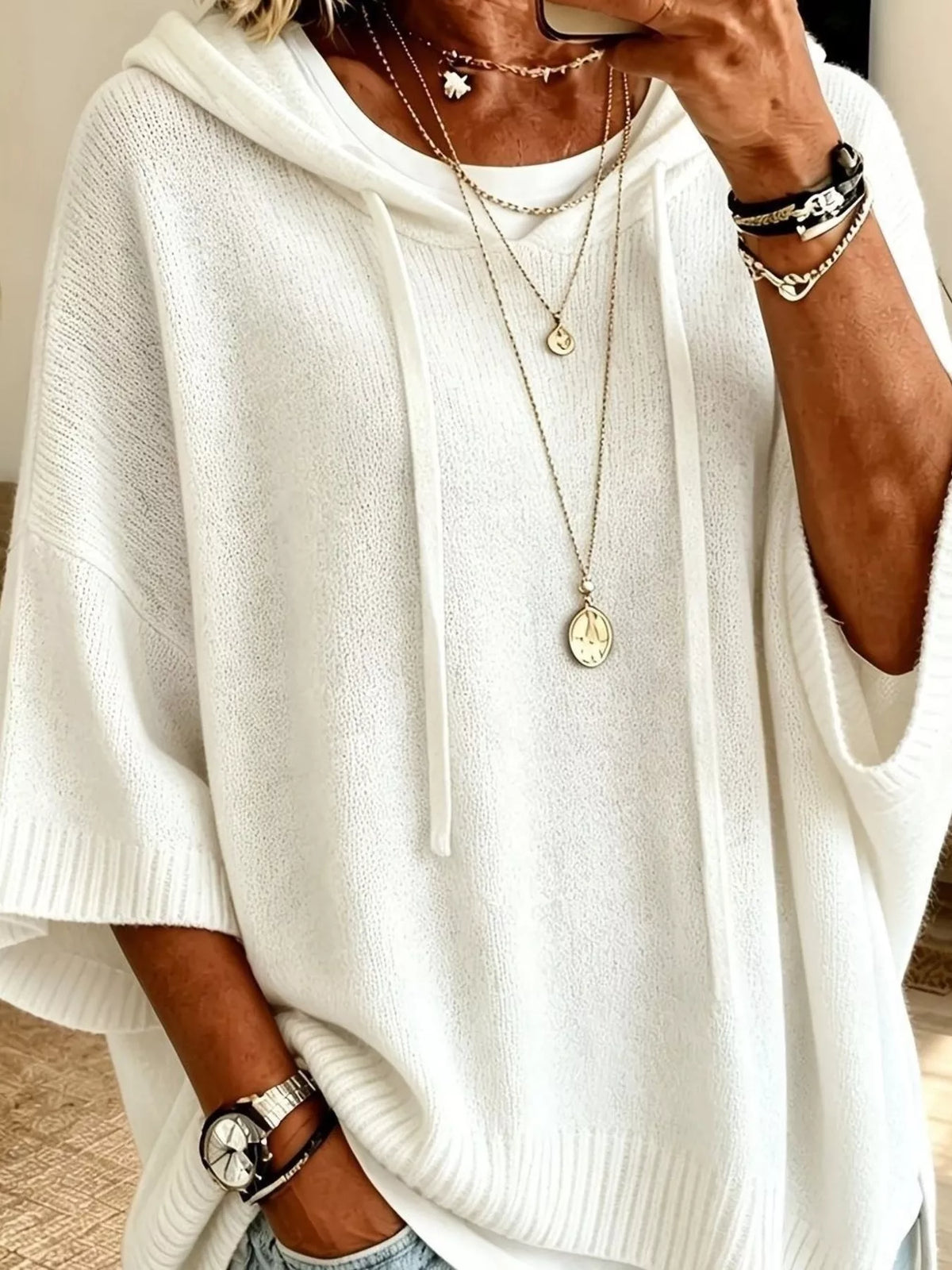 🌷Full Size Casual Hooded Batwing Sleeve Knit Sweater Plus Size