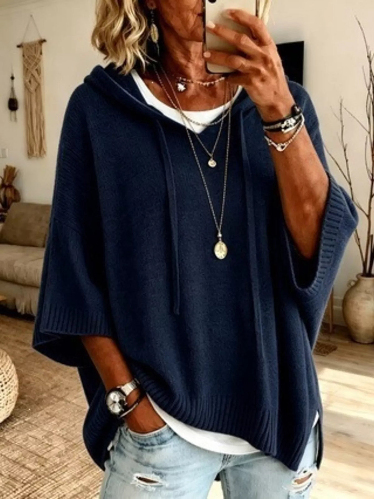 🌷Full Size Casual Hooded Batwing Sleeve Knit Sweater Plus Size