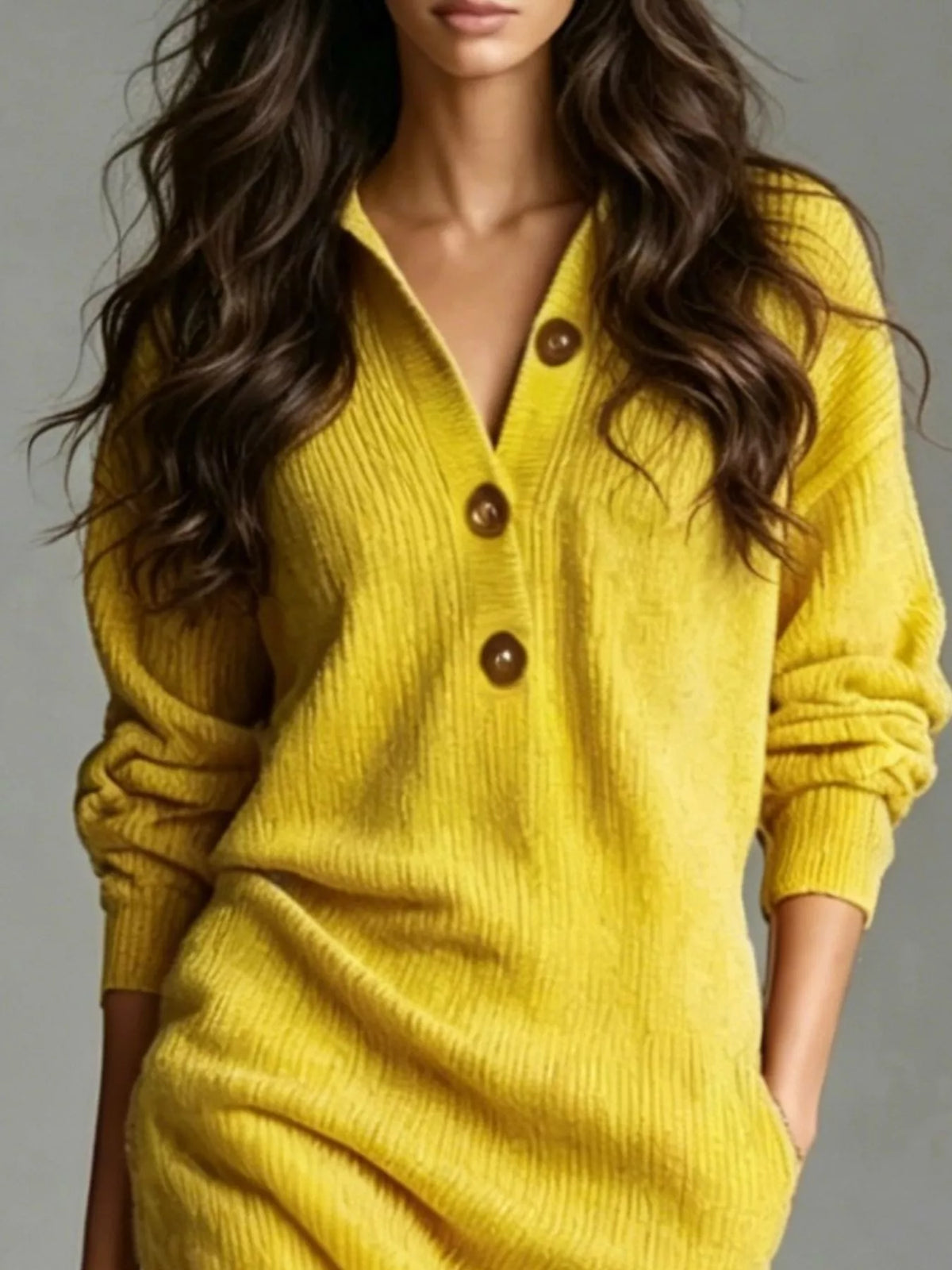 🌷Cotton-wool blend V-Neck Half-Button Ribbed Knit Dress