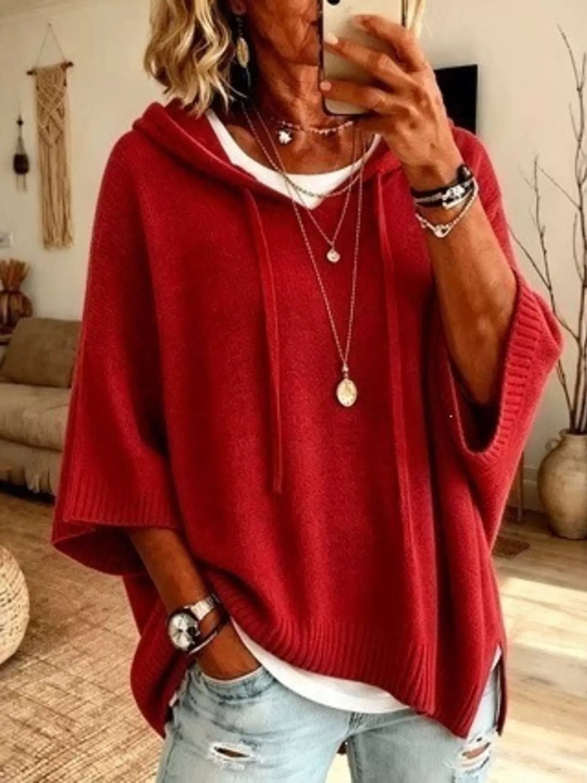 🌷Full Size Casual Hooded Batwing Sleeve Knit Sweater Plus Size