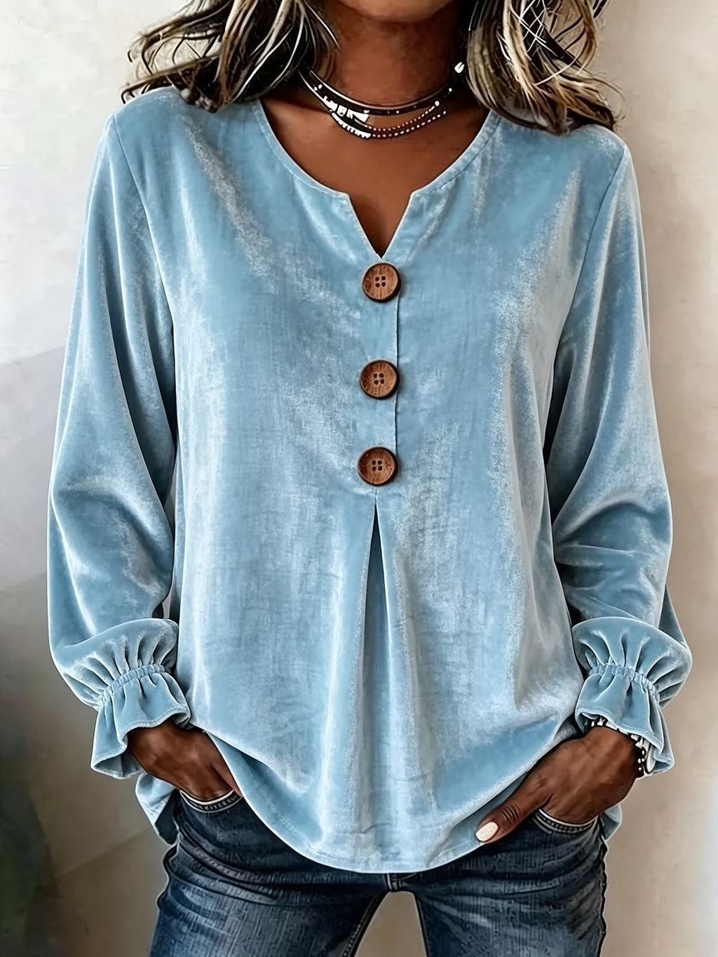 🌷 Women's Solid-Color Velvet Long-Sleeve V-Neck Long Top|S-3XL