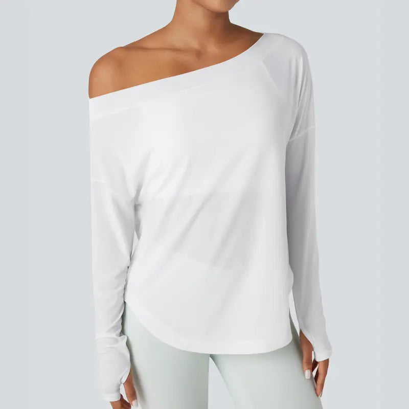 💥Limited Time Sale | Women’s One Shoulder Long Sleeve Workout Top with Built-In Bra