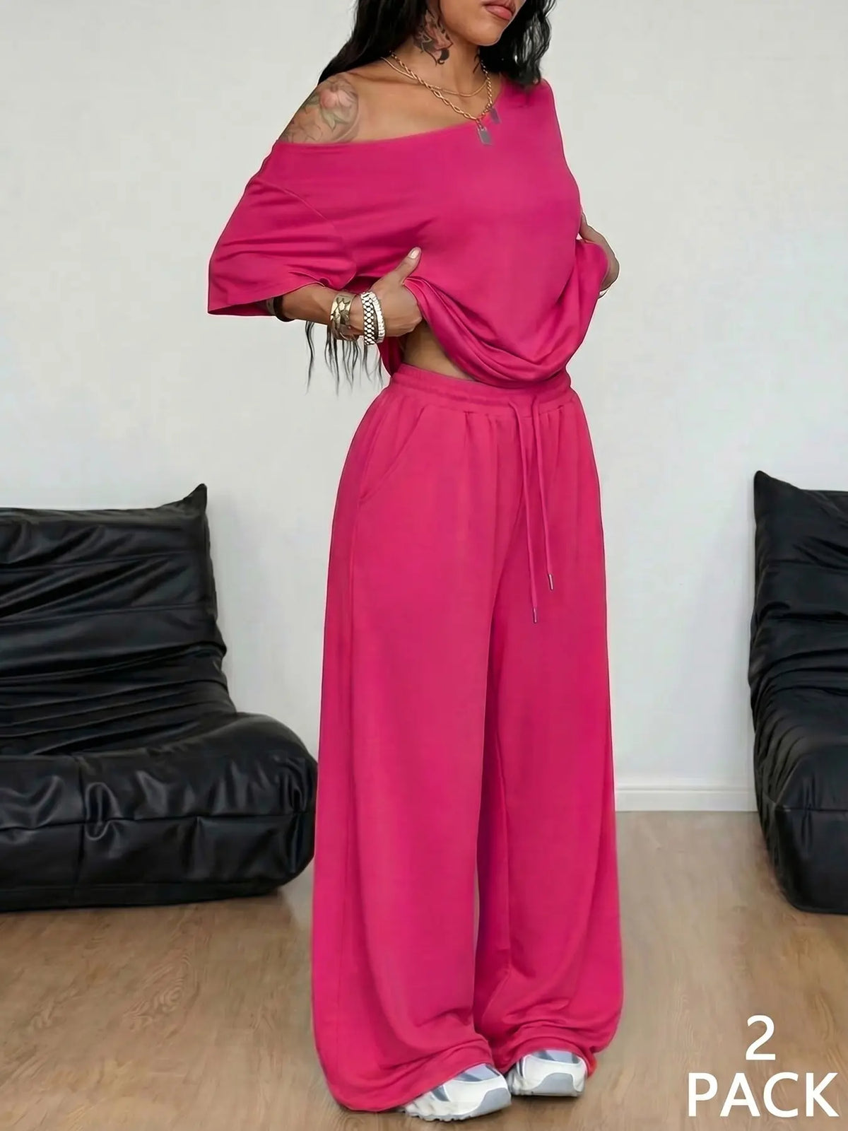 💥Trending Now | Women's Off-Shoulder 2-Piece Set - Comfortable Top & Wide Leg Pants