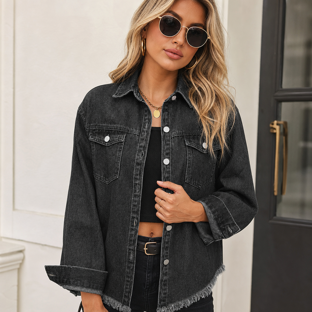 🌸🌸 Oversized Ripped Tassel Denim Jacket, Long Sleeve Pockets