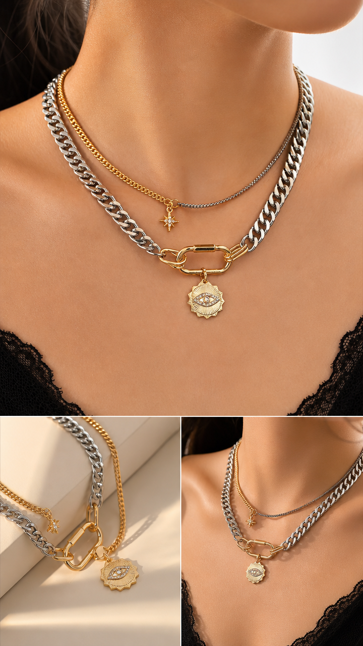 🔗 Dual Tone Layered Eye Pendant Necklace ✨