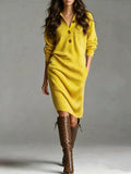 🌷Cotton-wool blend V-Neck Half-Button Ribbed Knit Dress