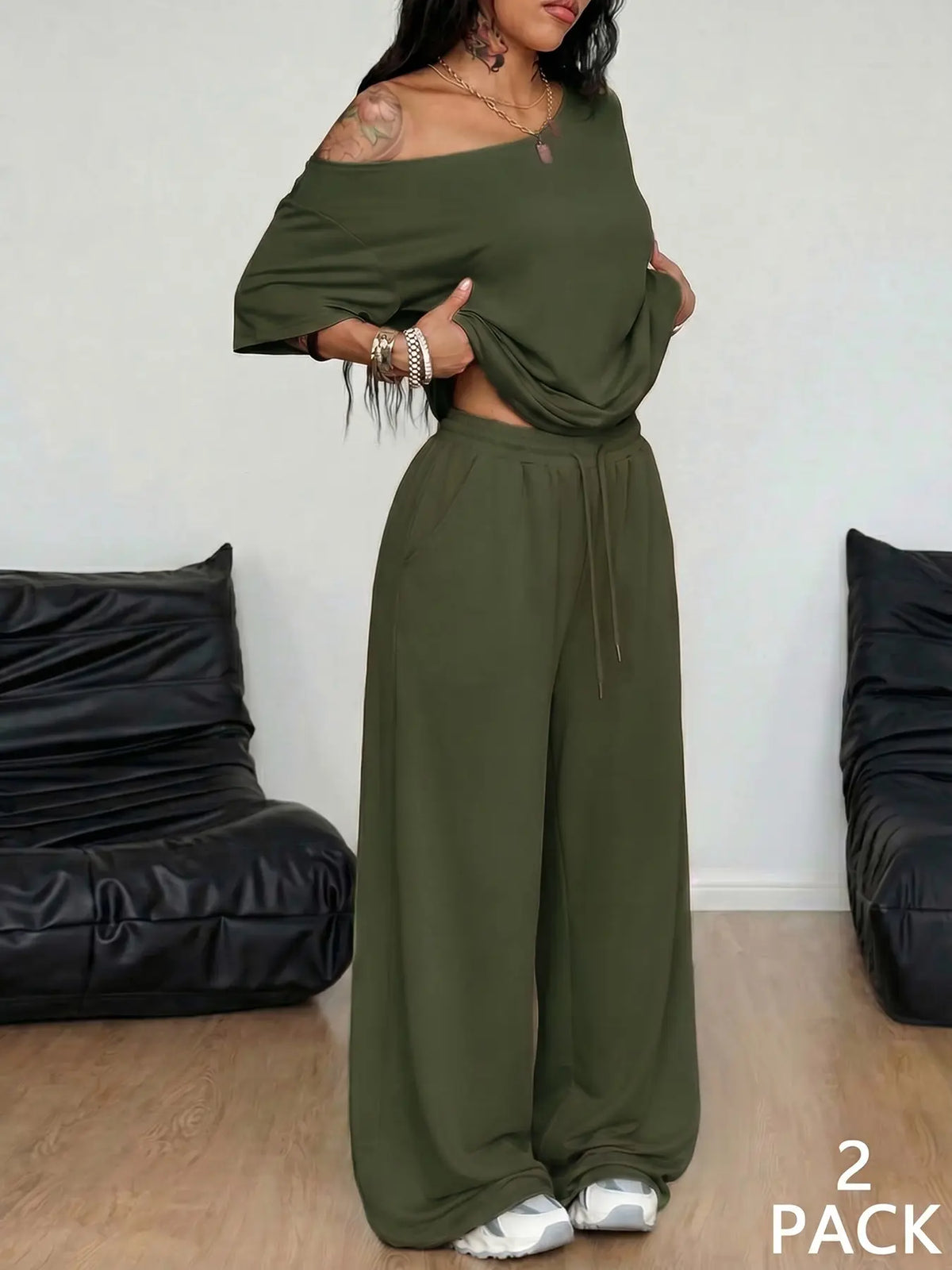 🌷Women’s Off-Shoulder T-Shirt and Wide Leg Pants Set