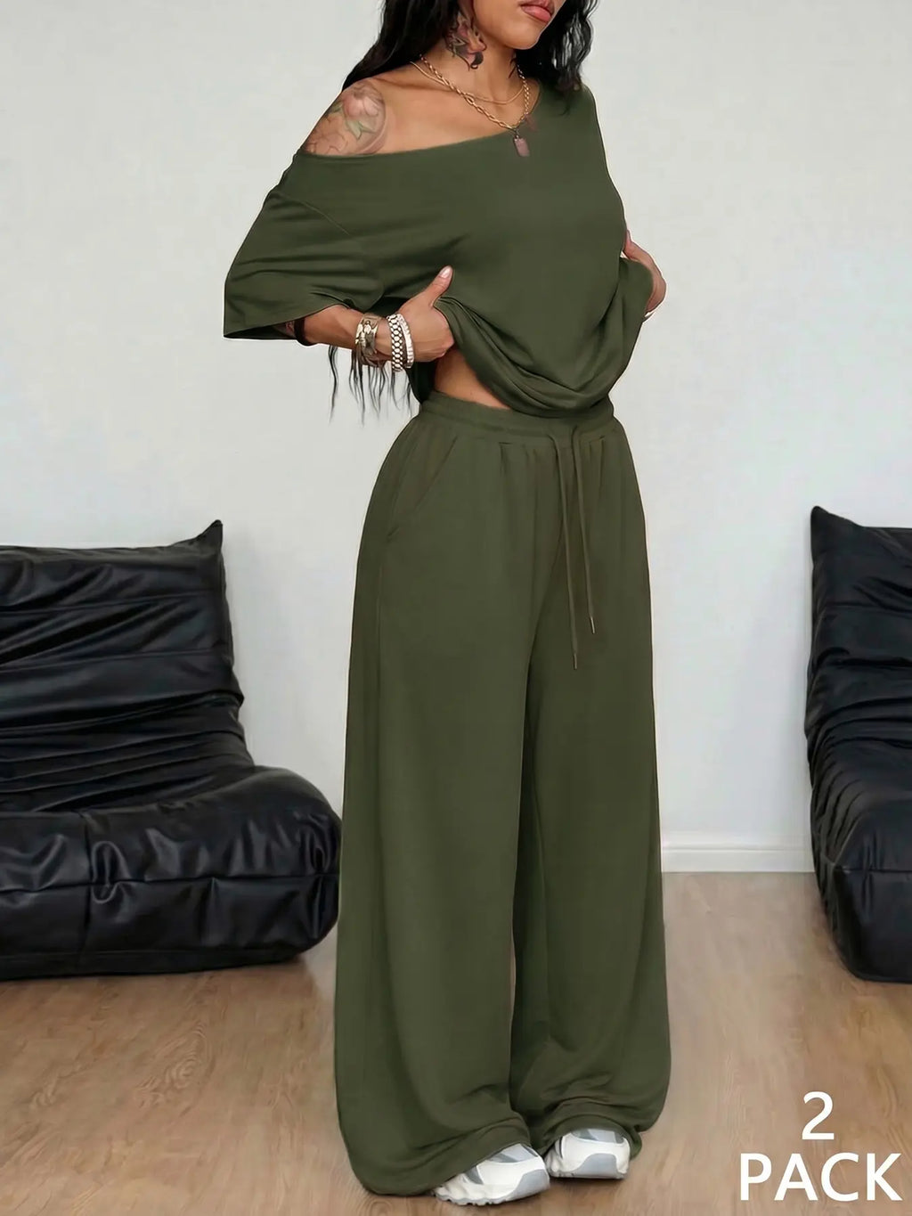 💥Trending Now | Women's Off-Shoulder 2-Piece Set - Comfortable Top & Wide Leg Pants