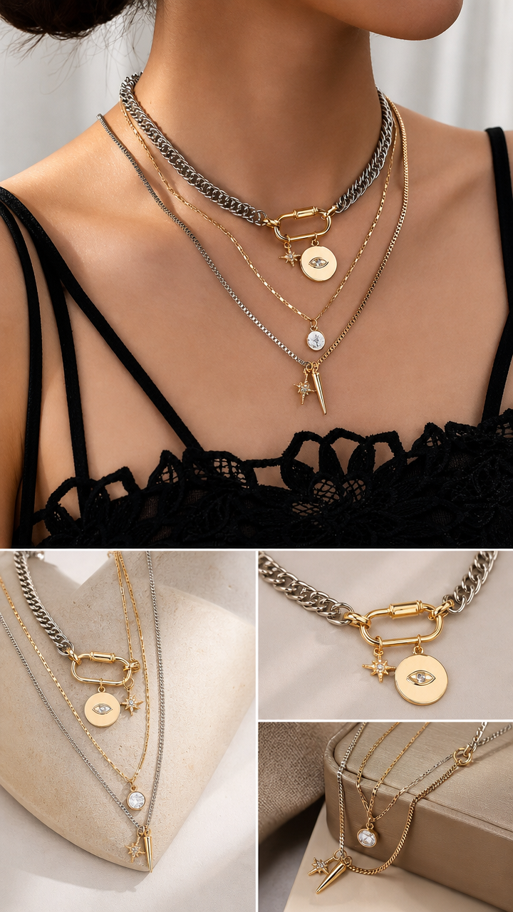 🔗 Dual Tone Layered Eye Pendant Necklace ✨