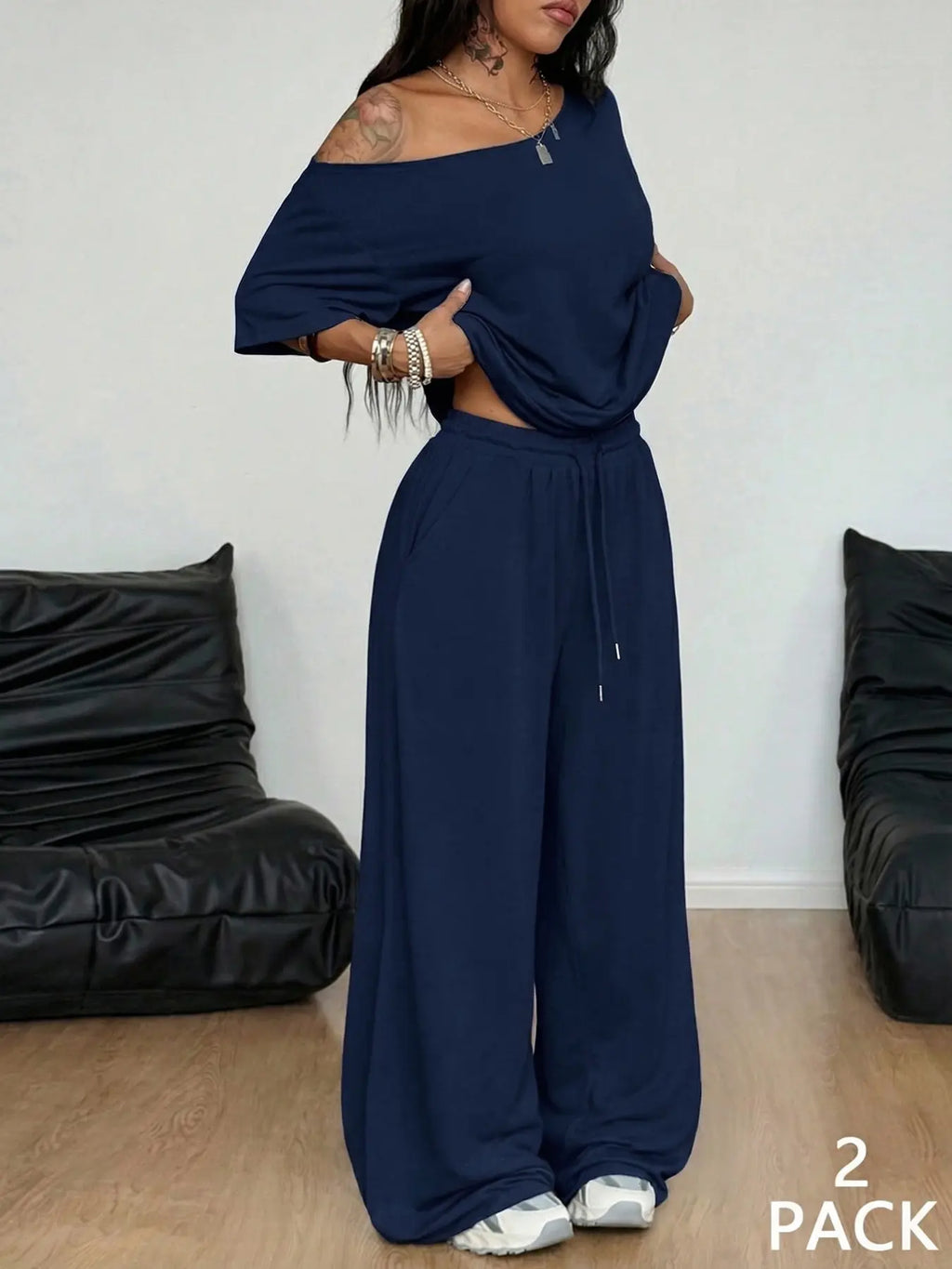 💥Trending Now | Women's Off-Shoulder 2-Piece Set - Comfortable Top & Wide Leg Pants