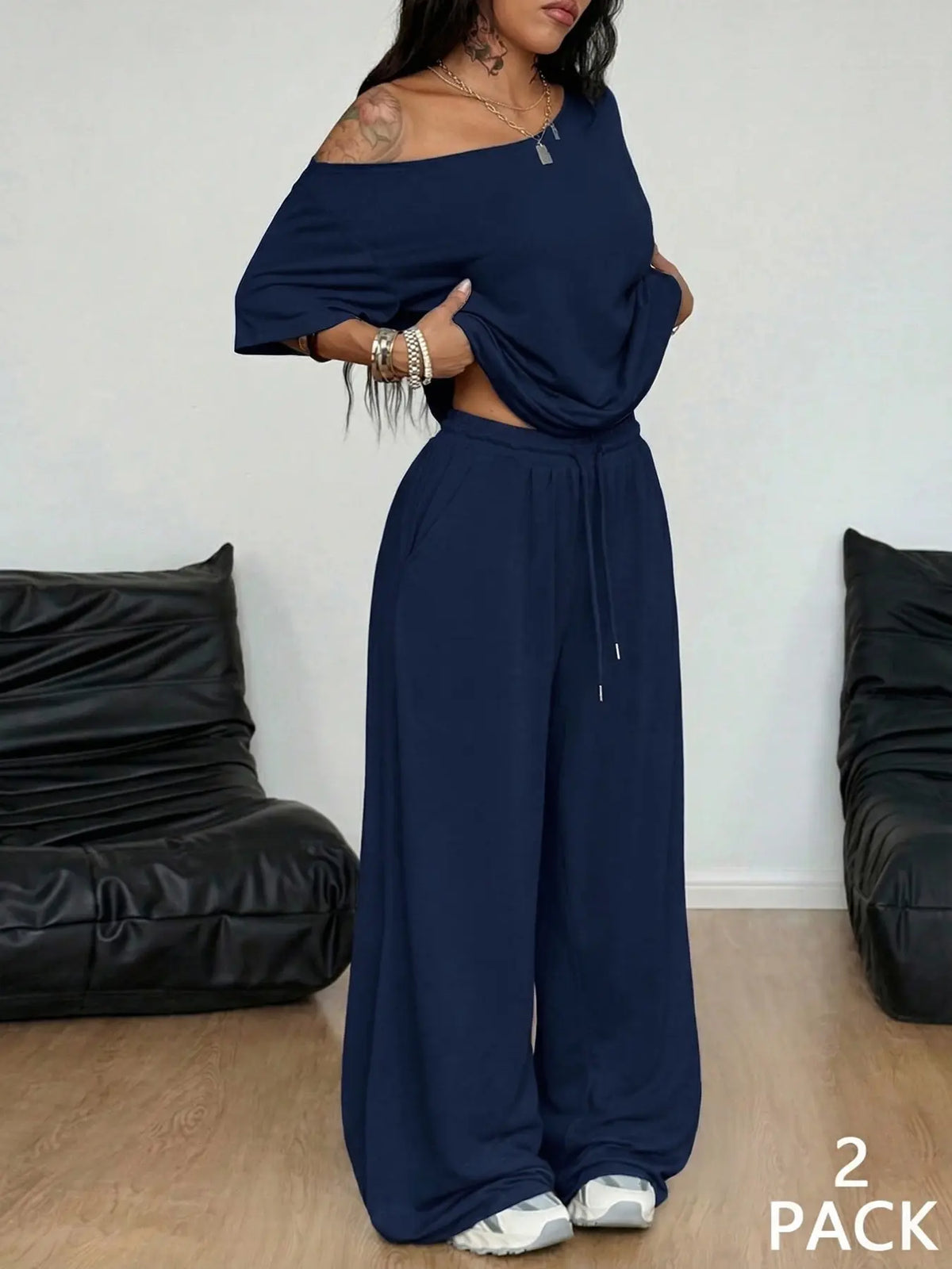 💥Trending Now | Women's Off-Shoulder 2-Piece Set - Comfortable Top & Wide Leg Pants