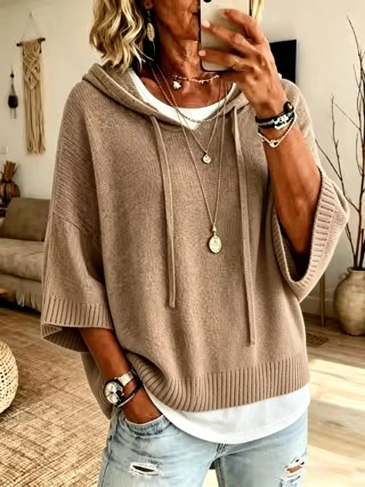 🌷Full Size Casual Hooded Batwing Sleeve Knit Sweater Plus Size