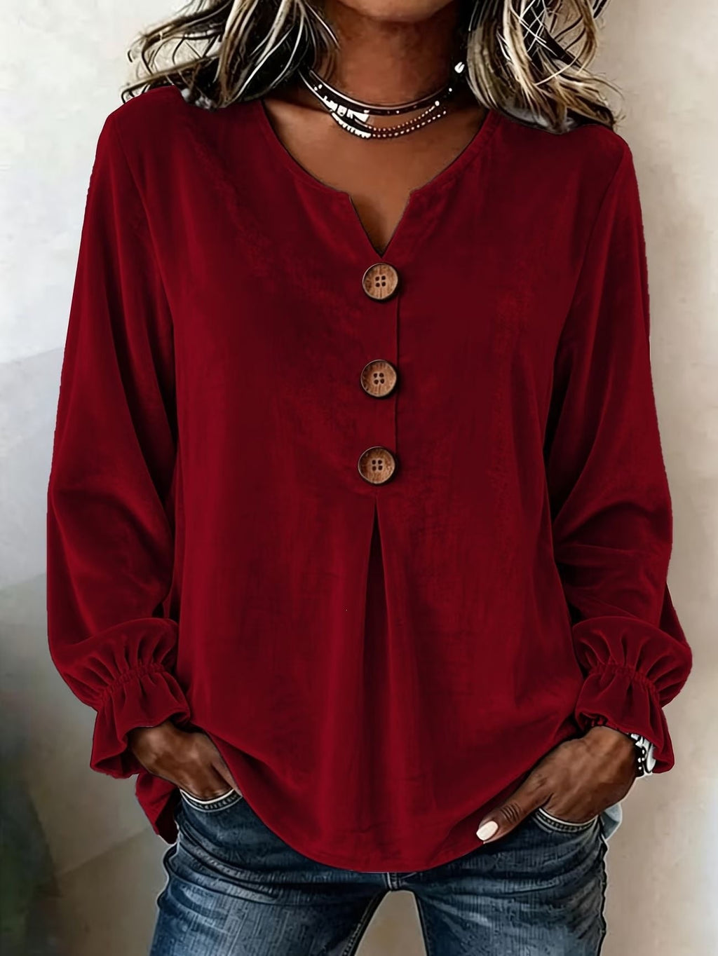 🌷 Women's Solid-Color Velvet Long-Sleeve V-Neck Long Top|S-3XL