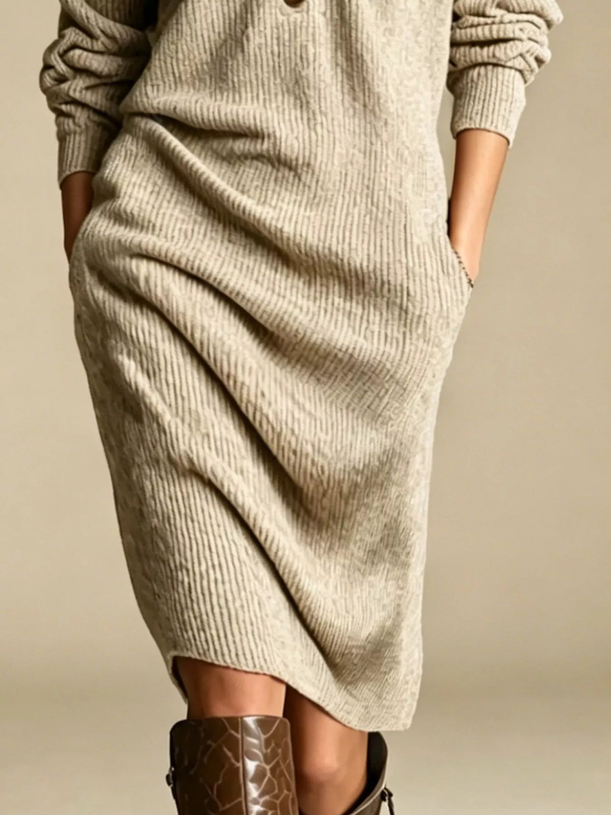 🌷Cotton-wool blend V-Neck Half-Button Ribbed Knit Dress
