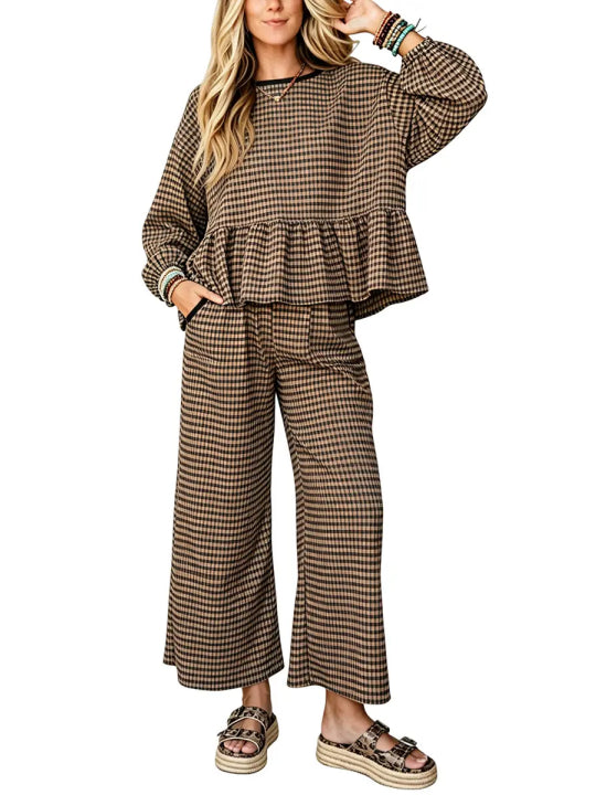 🍂👚Women Gingham Ruffle Two Piece Outfit Set