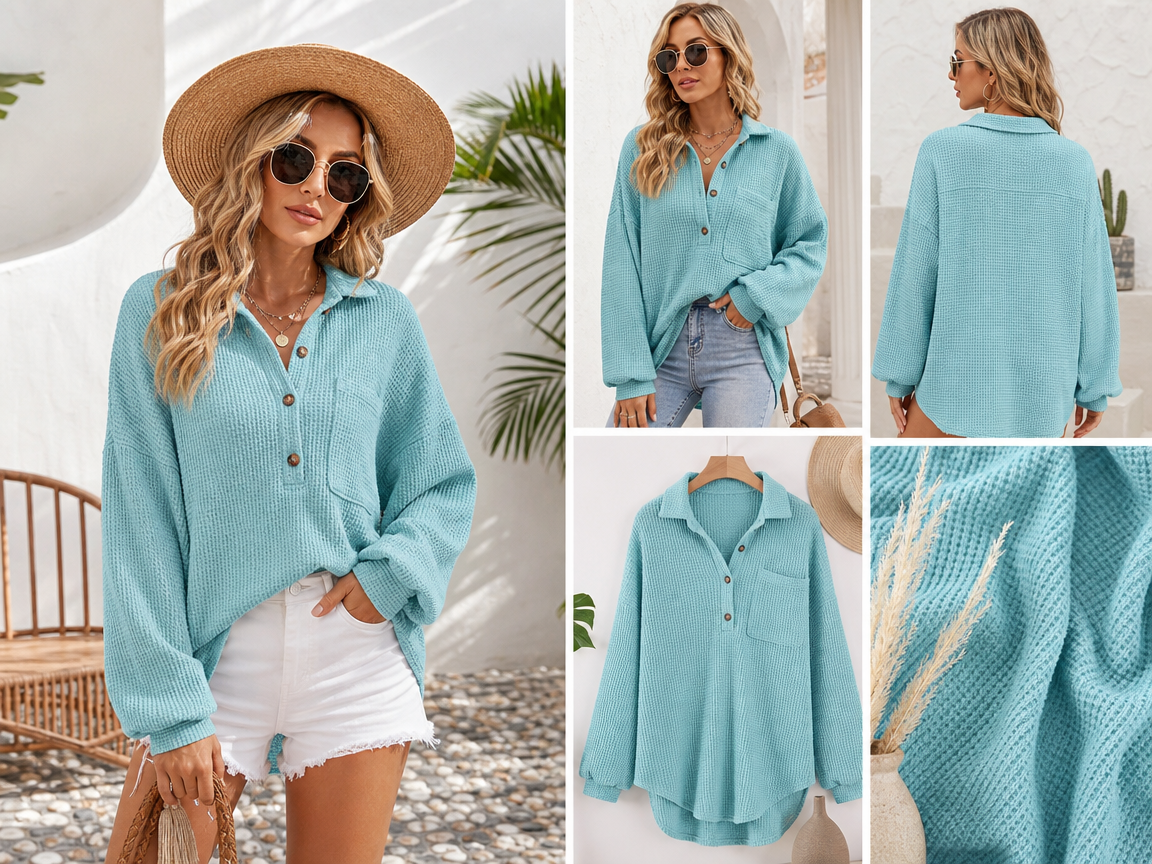 🧶 Oversized Waffle Henley Shirt ✨