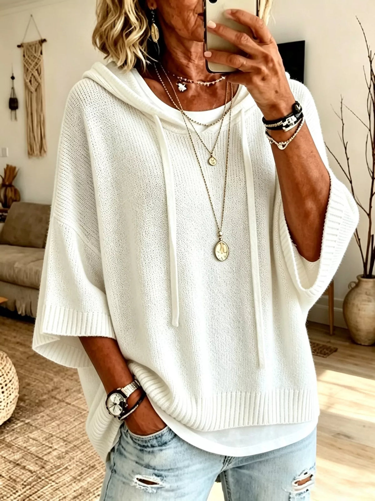 🌷Full Size Casual Hooded Batwing Sleeve Knit Sweater Plus Size