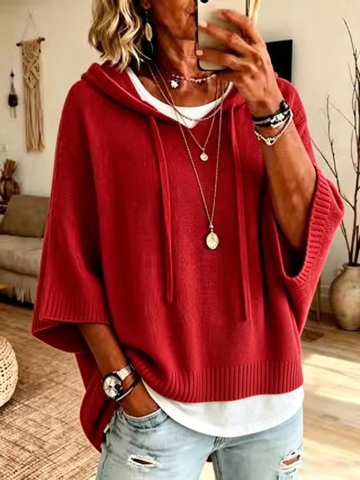 🌷Full Size Casual Hooded Batwing Sleeve Knit Sweater Plus Size