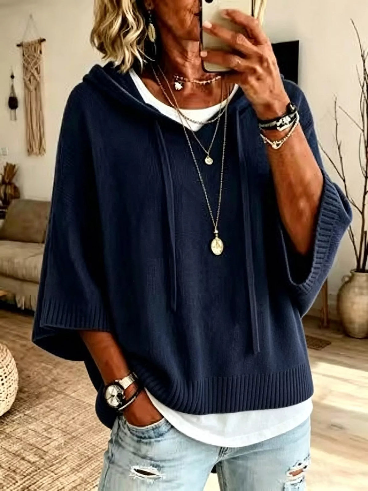 🌷Full Size Casual Hooded Batwing Sleeve Knit Sweater Plus Size