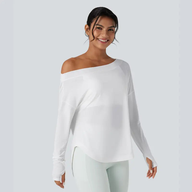 💥Limited Time Sale | Women’s One Shoulder Long Sleeve Workout Top with Built-In Bra