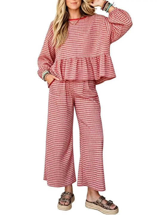 🍂👚Women Gingham Ruffle Two Piece Outfit Set