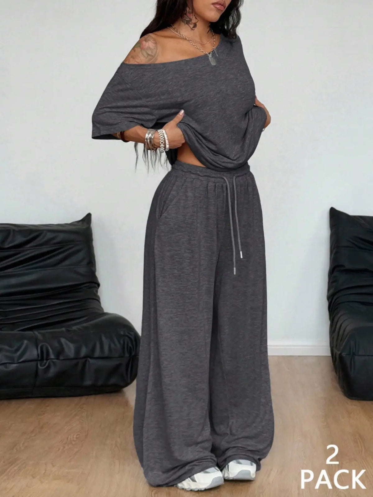 💥Trending Now | Women's Off-Shoulder 2-Piece Set - Comfortable Top & Wide Leg Pants