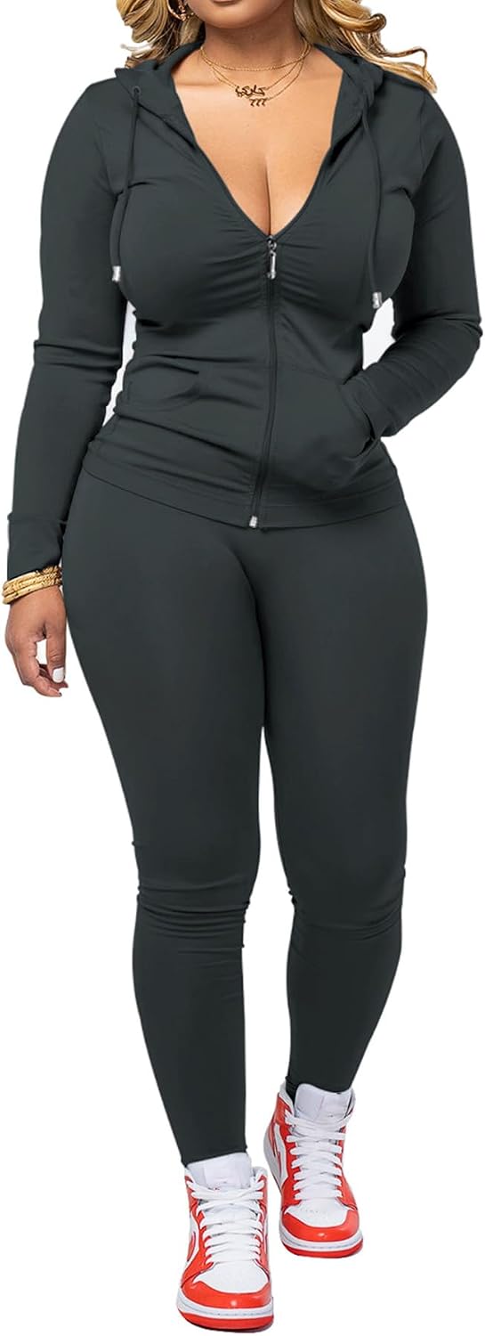 🌷Women Two Piece Outfits Workout Sets Bodycon Tracksuit Long Sleeve Zip Up Hoodie Jacket Jogger Matching Sweat Pants Set