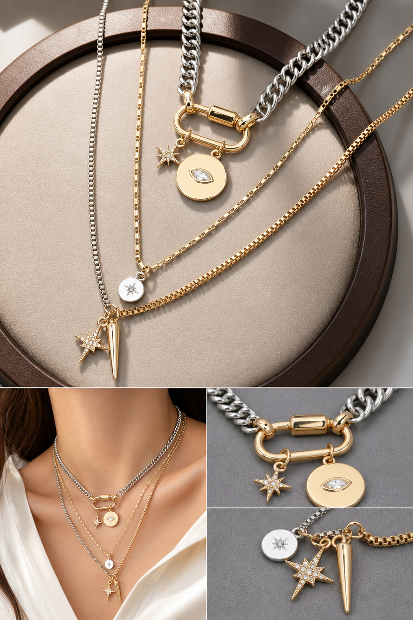 🔗 Dual Tone Layered Eye Pendant Necklace ✨