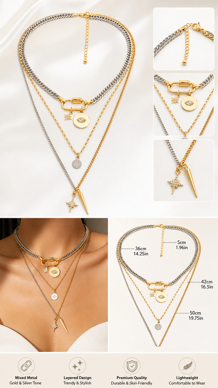 🔗 Dual Tone Layered Eye Pendant Necklace ✨