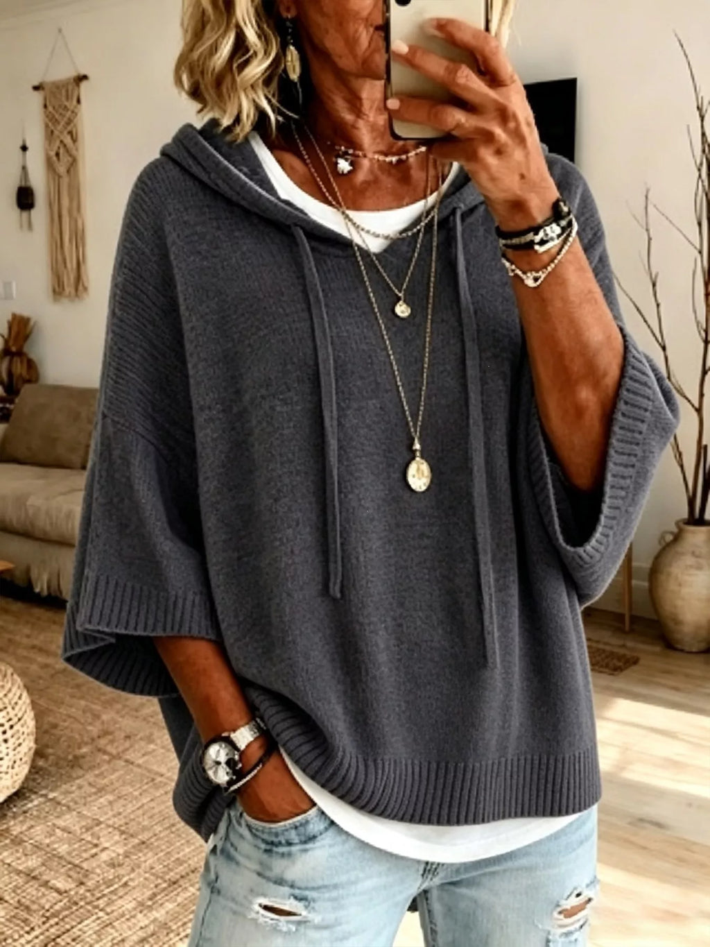 🌷Full Size Casual Hooded Batwing Sleeve Knit Sweater Plus Size