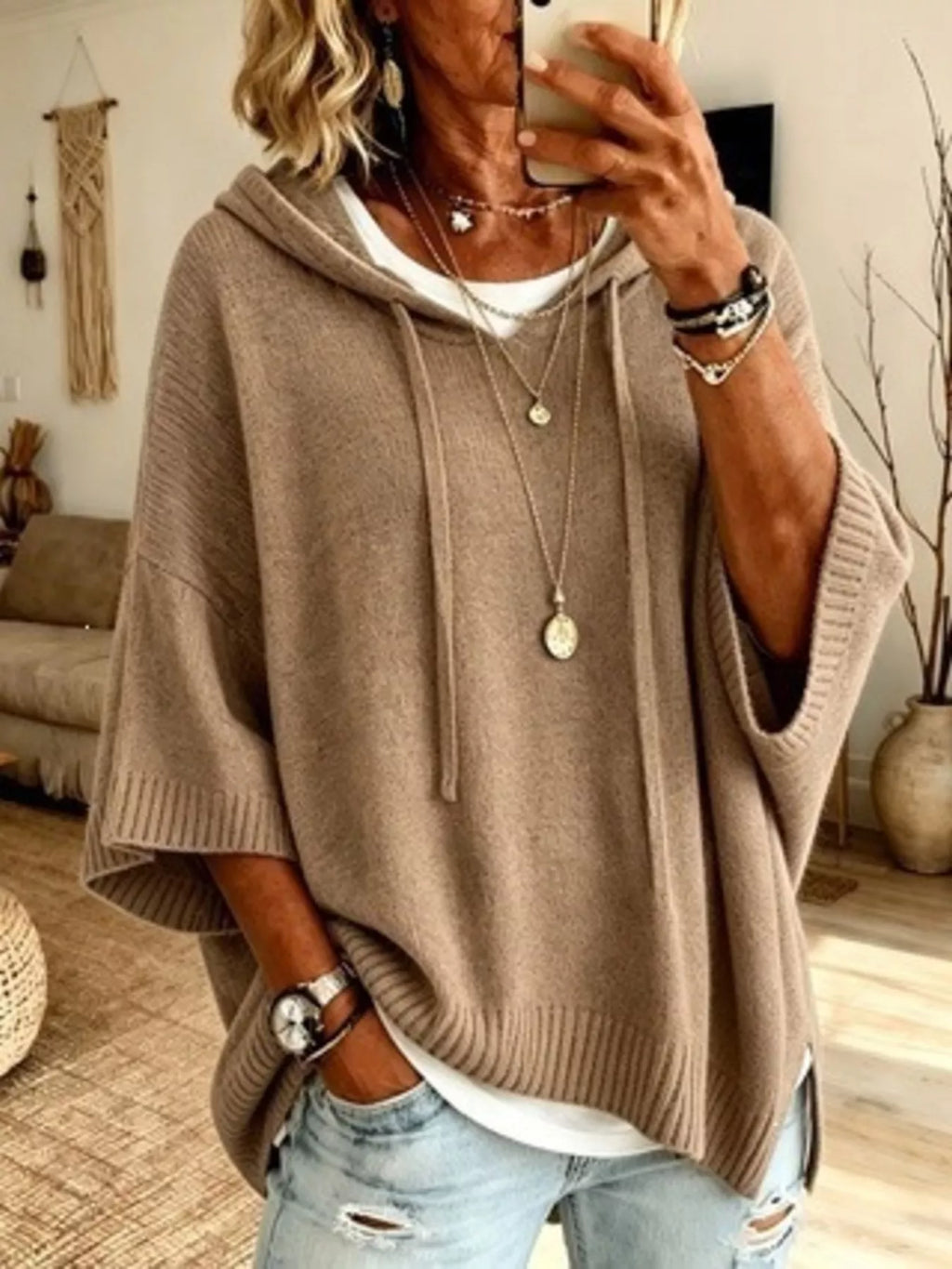 🌷Full Size Casual Hooded Batwing Sleeve Knit Sweater Plus Size