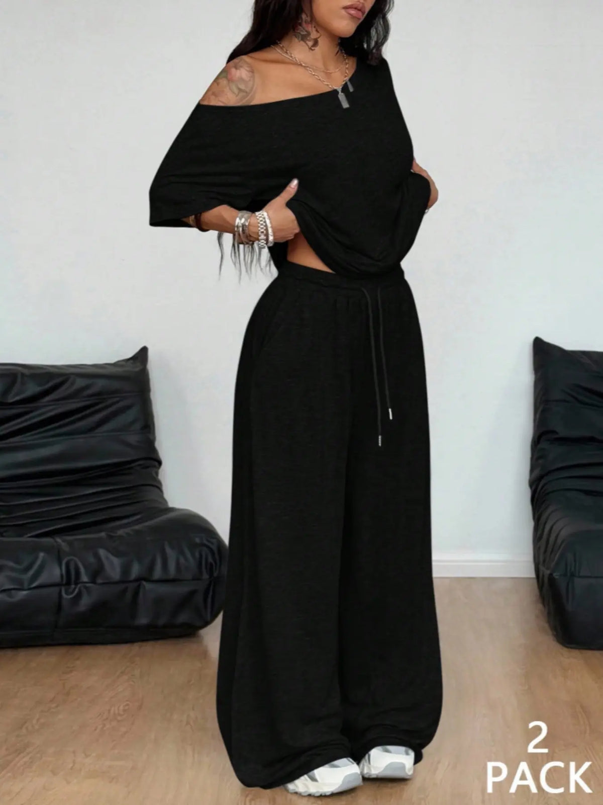 💥Trending Now | Women's Off-Shoulder 2-Piece Set - Comfortable Top & Wide Leg Pants