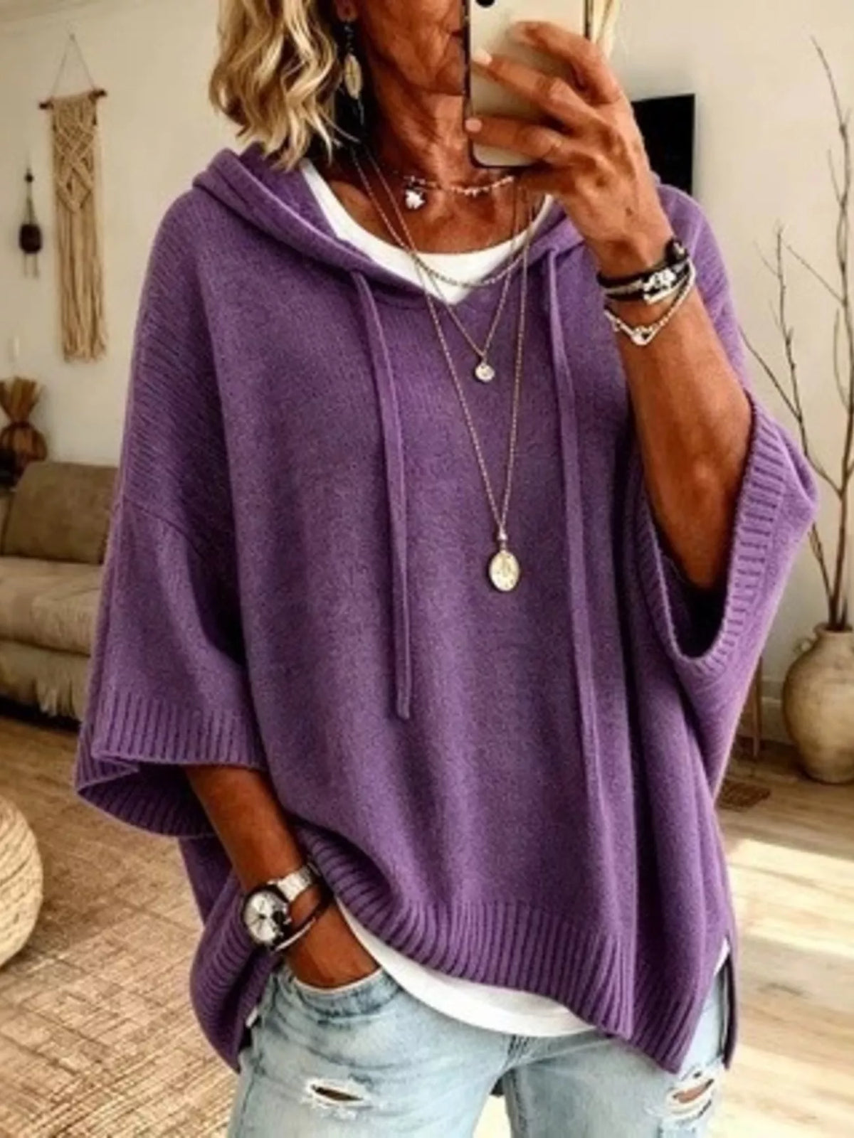 🌷Full Size Casual Hooded Batwing Sleeve Knit Sweater Plus Size