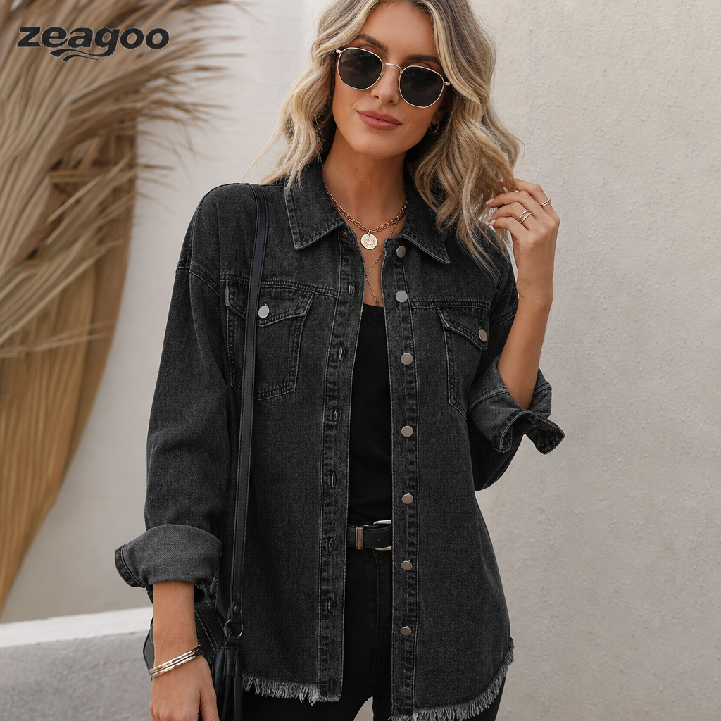 🌸🌸 Oversized Ripped Tassel Denim Jacket, Long Sleeve Pockets