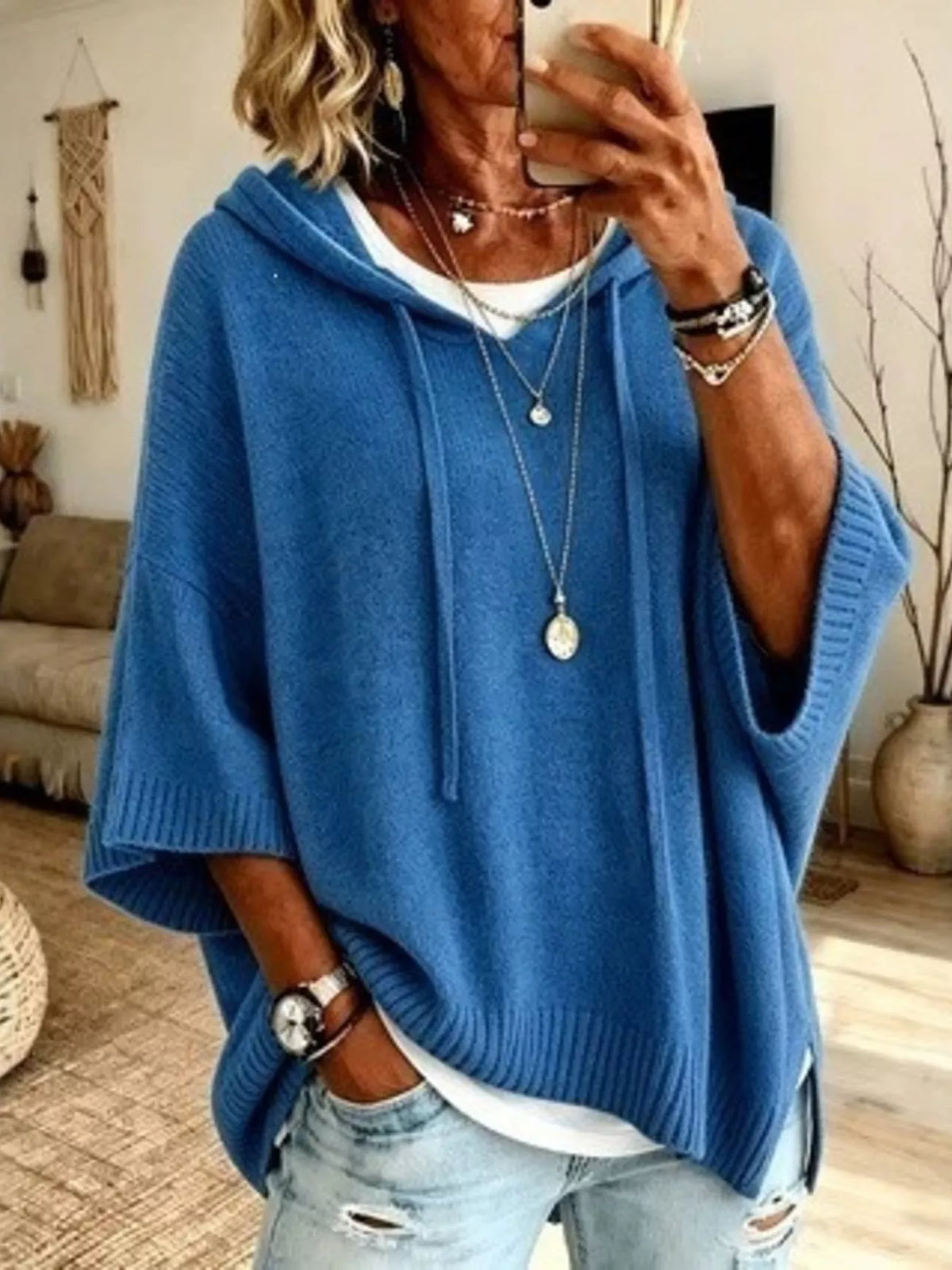 🌷Full Size Casual Hooded Batwing Sleeve Knit Sweater Plus Size