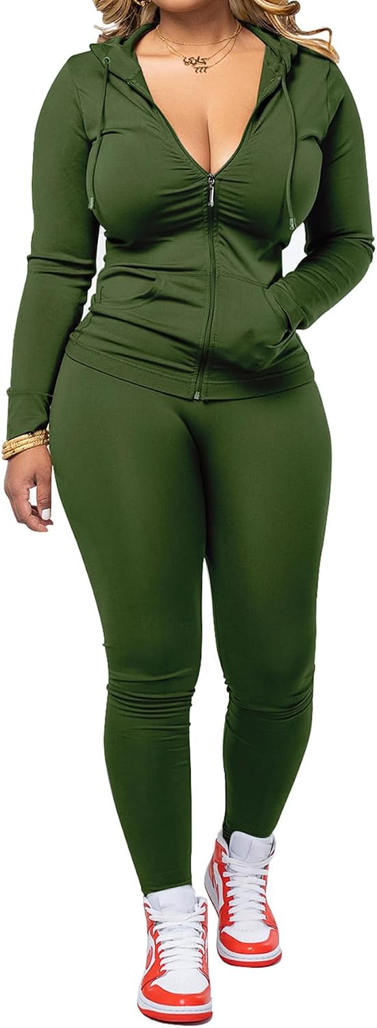 🌷Women Two Piece Outfits Workout Sets Bodycon Tracksuit Long Sleeve Zip Up Hoodie Jacket Jogger Matching Sweat Pants Set
