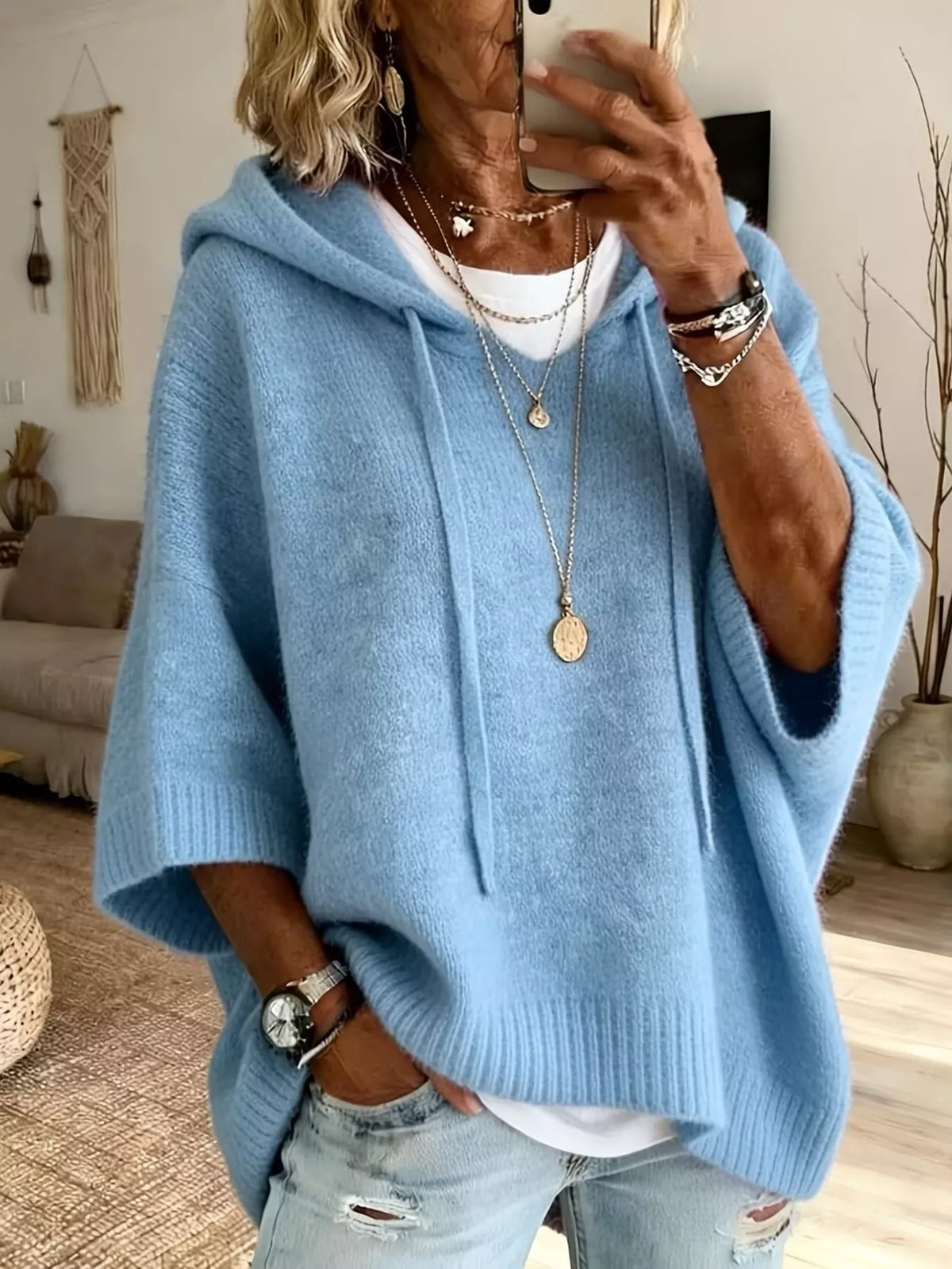🌷Full Size Casual Hooded Batwing Sleeve Knit Sweater Plus Size