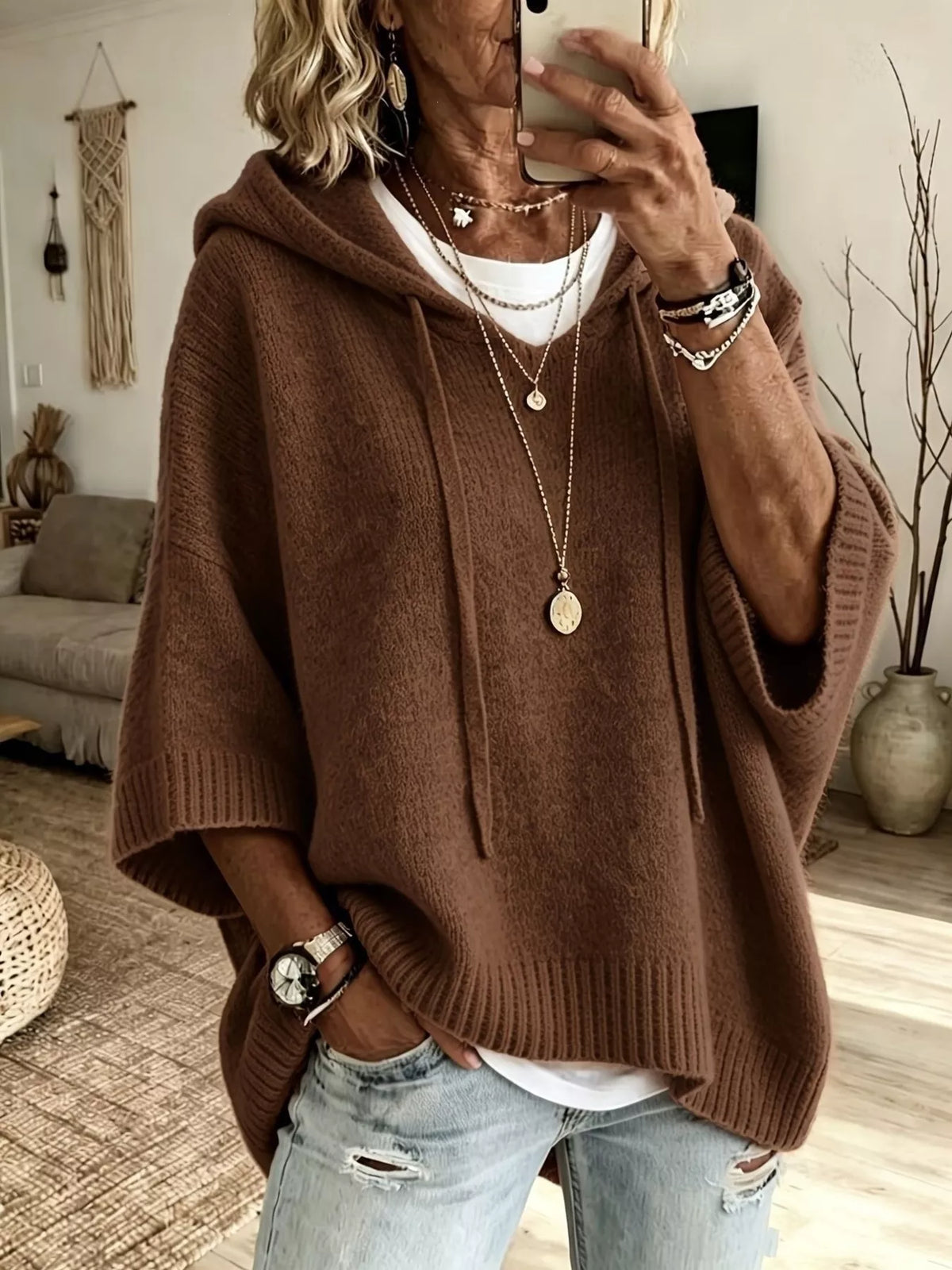 🌷Full Size Casual Hooded Batwing Sleeve Knit Sweater Plus Size
