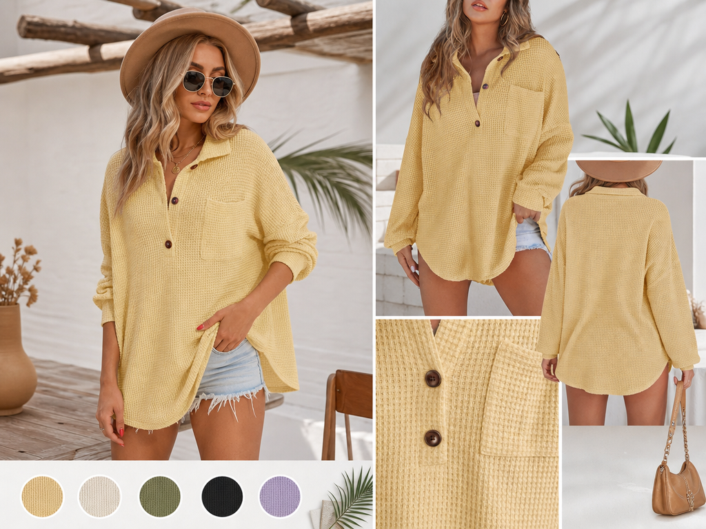 🧶 Oversized Waffle Henley Shirt ✨