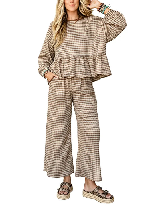 🍂👚Women Gingham Ruffle Two Piece Outfit Set