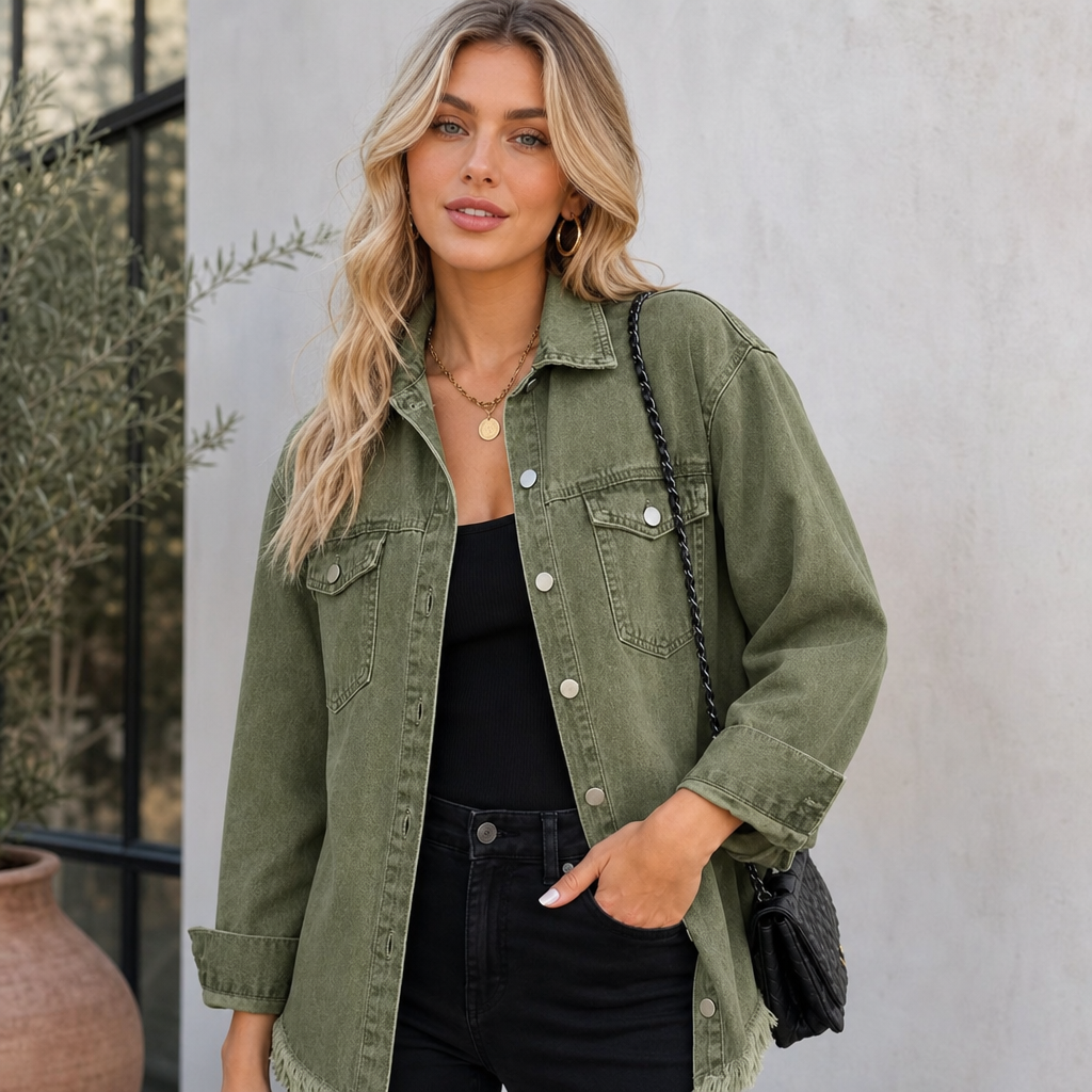 🌸🌸 Oversized Ripped Tassel Denim Jacket, Long Sleeve Pockets