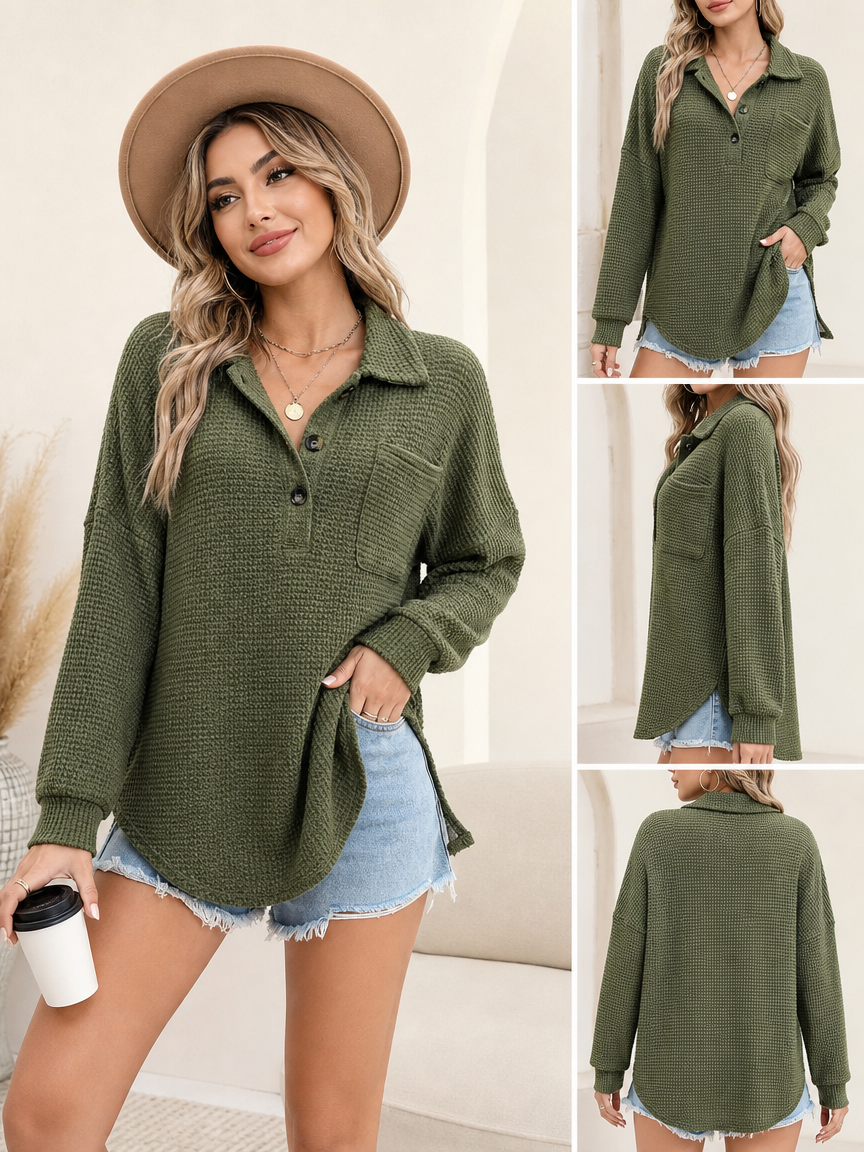 🧶 Oversized Waffle Henley Shirt ✨