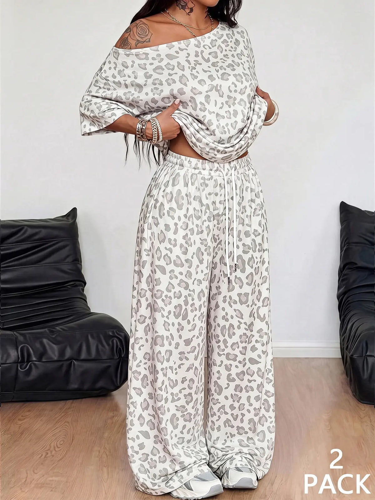 💥Trending Now | Women's Off-Shoulder 2-Piece Set - Comfortable Top & Wide Leg Pants