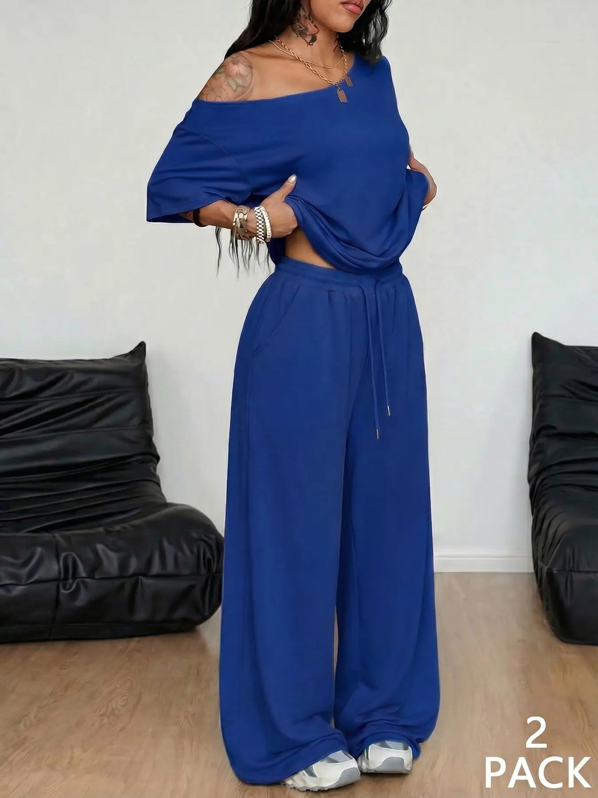 💥Trending Now | Women's Off-Shoulder 2-Piece Set - Comfortable Top & Wide Leg Pants
