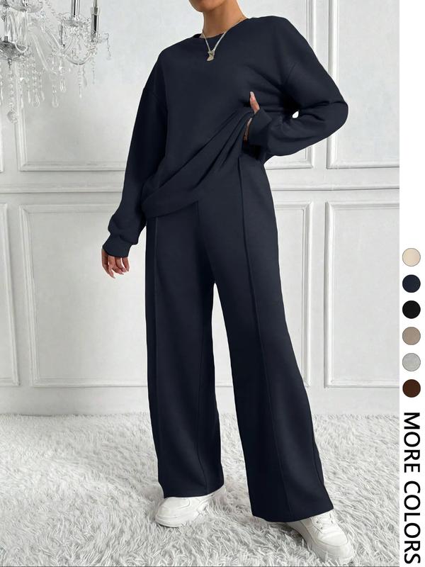 🌷 Casual Solid Color Sweatshirt & Pants Set for Outdoor Comfort