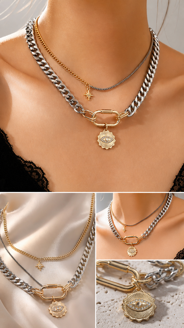 🔗 Dual Tone Layered Eye Pendant Necklace ✨