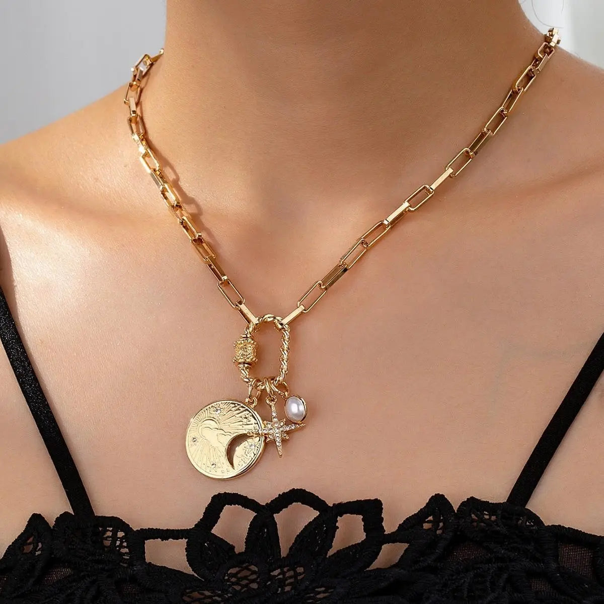 🔗 Dual Tone Layered Eye Pendant Necklace ✨